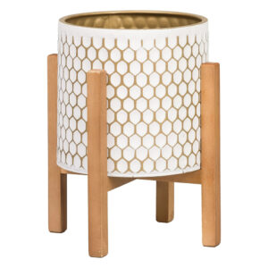 Honeycomb Mid-Century Modern Indoor Metal Pot Planter with 4-Leg Wood Base